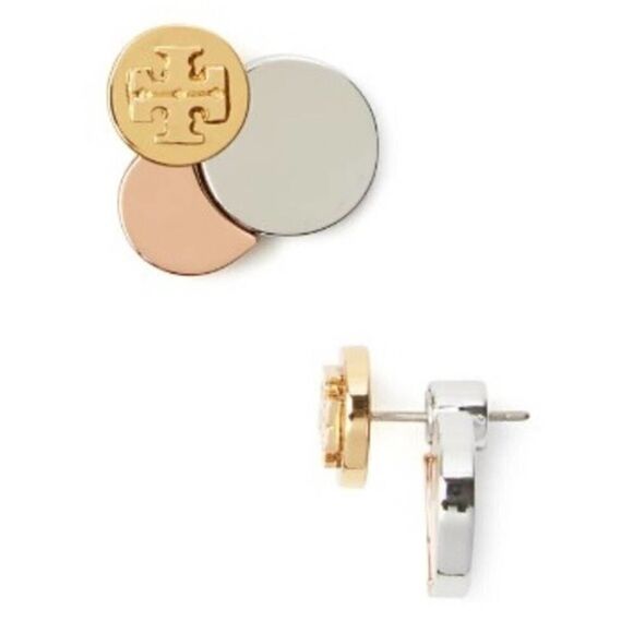 NWOT Tory Burch Tri Color Gold Round Logo Stud Earrings - Picture 3 of 8